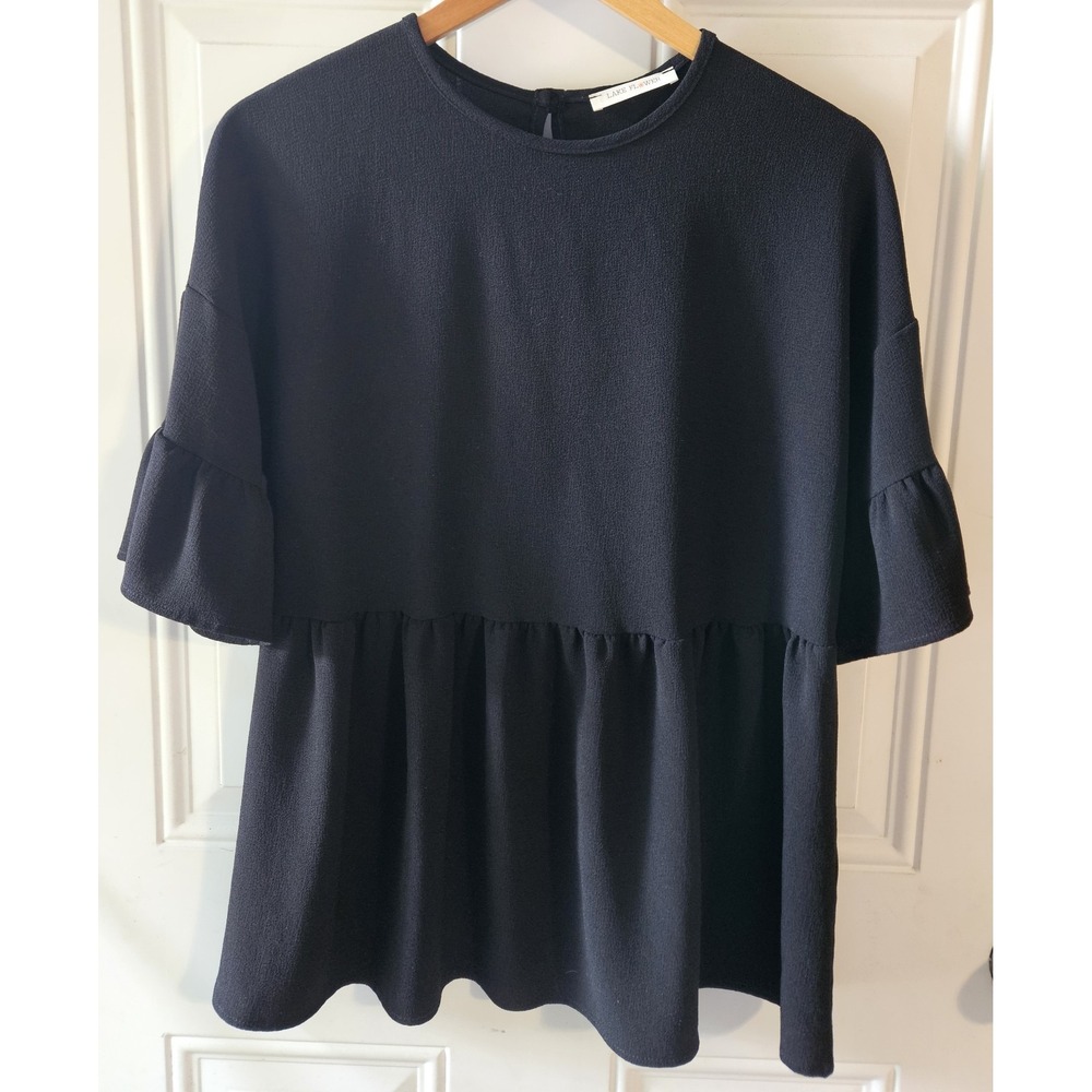 Lake‎ Flower Womens Medium Black Peplum Blouse Bell Sleeve Textured Crepe Top